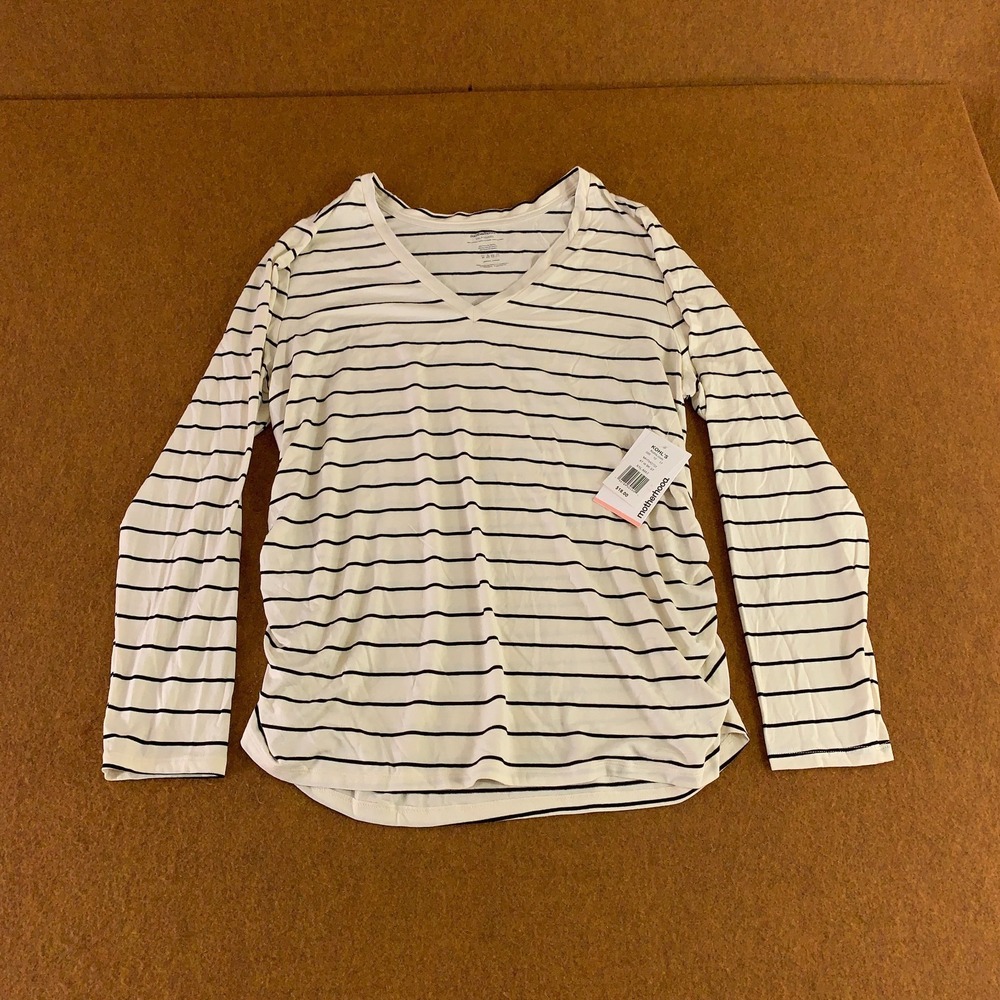Motherhood Womens Maternity XXL Striped V-Neck Side-Ruched Long Sleeve Tee NWT